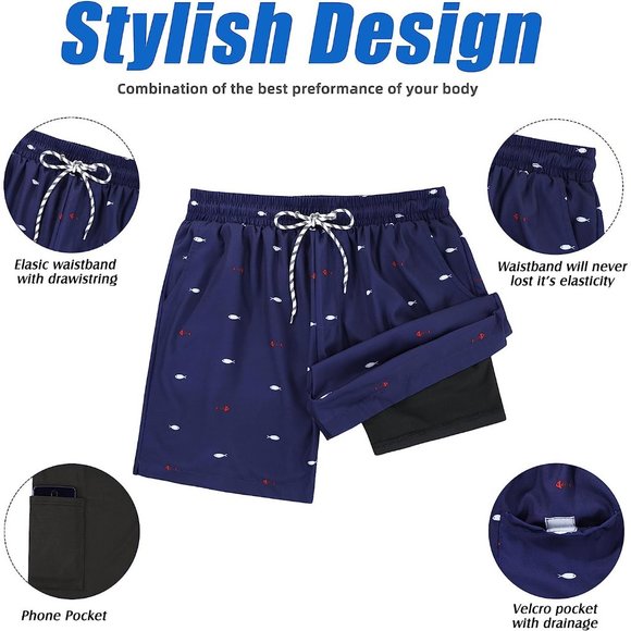 Swim Trunks Quick Dry Bathing Suit for Men with Compression Liner - Picture 5 of 6